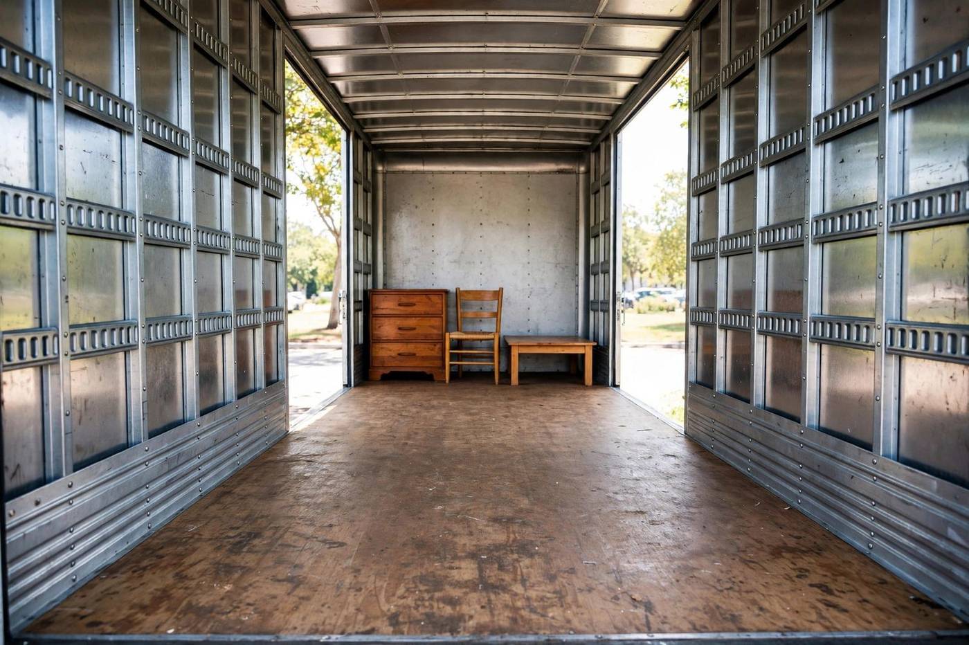 The partly loaded cargo area of a junk truck